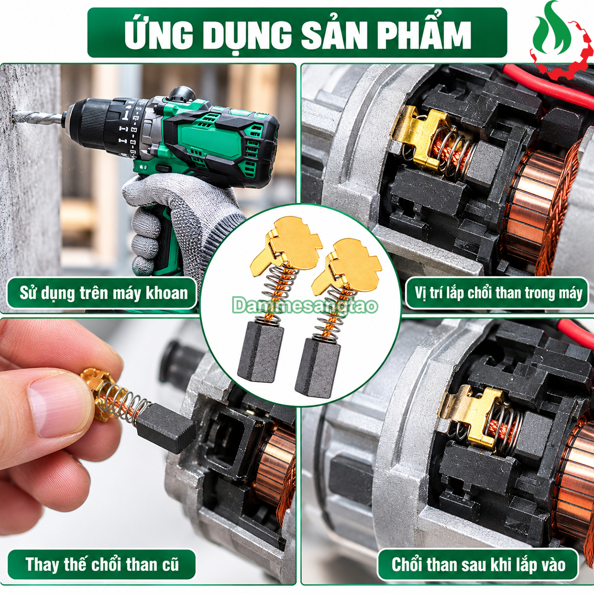 Ứng dụng chổi than HITACHI CTH12 trên máy khoan dùng pin và vị trí lắp chổi than