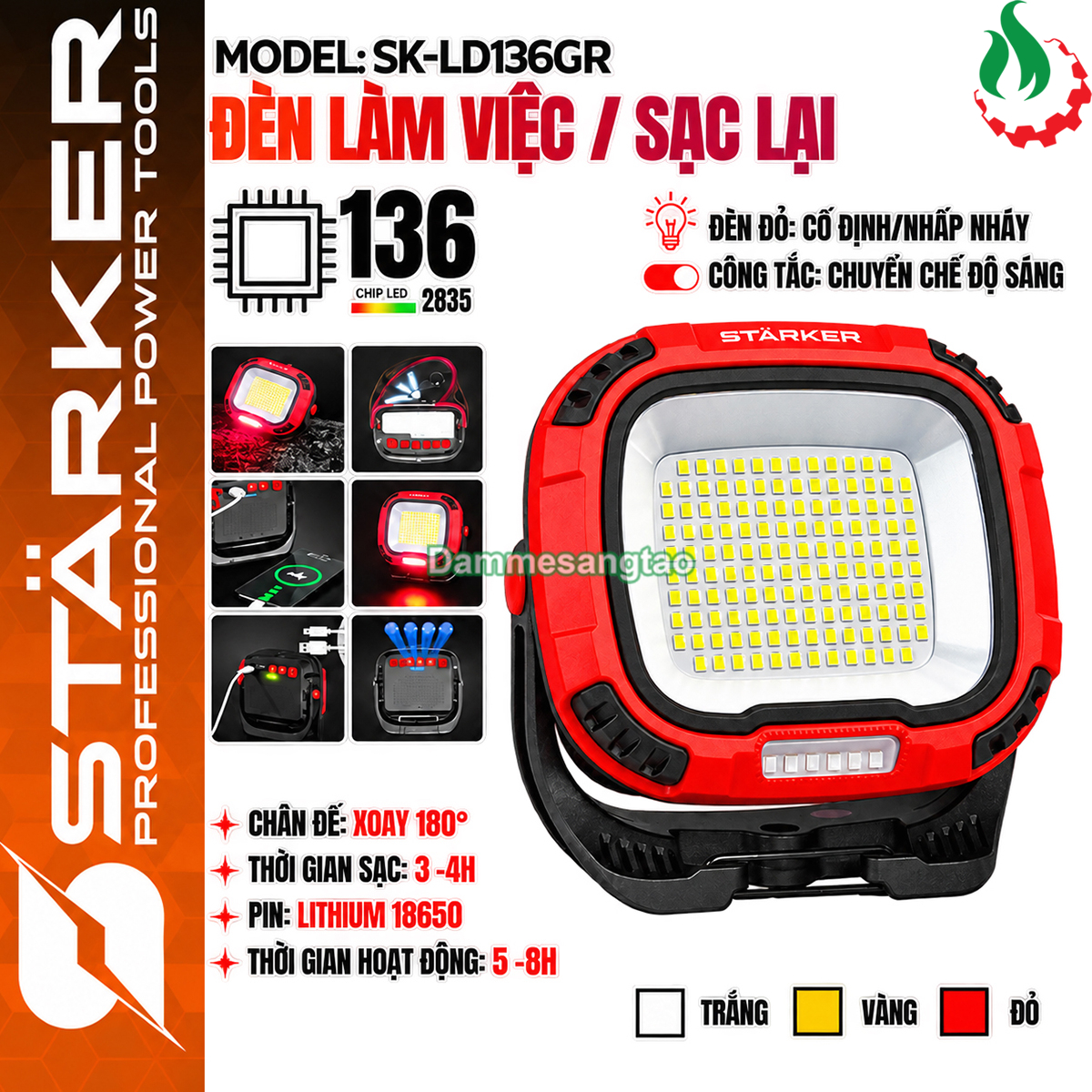 Đèn LED làm việc đa năng pin STARKER 4.2V SK-LD136GR 136 LED 30W