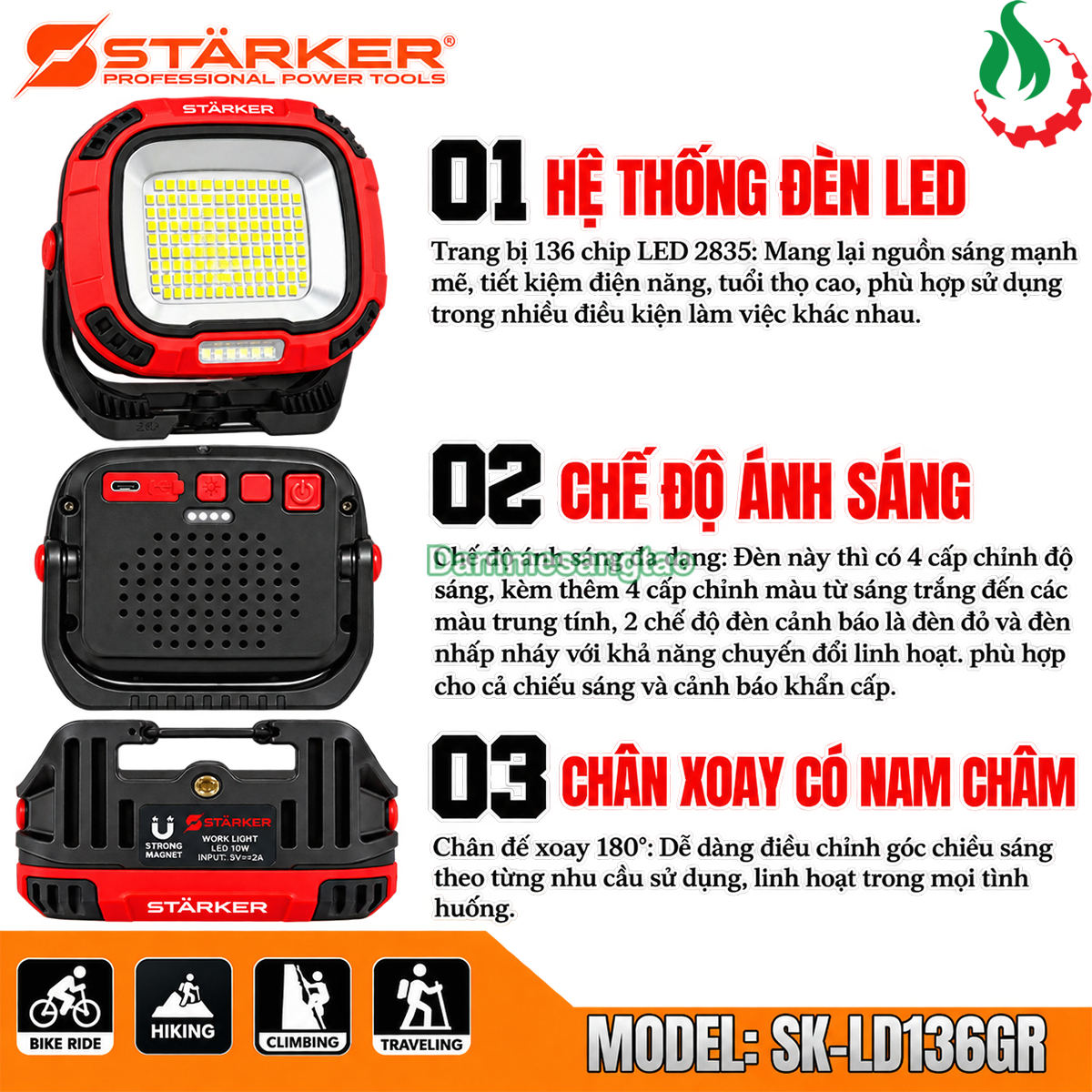 Tính năng đèn LED STARKER SK-LD136GR 4 cấp độ sáng chân xoay 180 độ