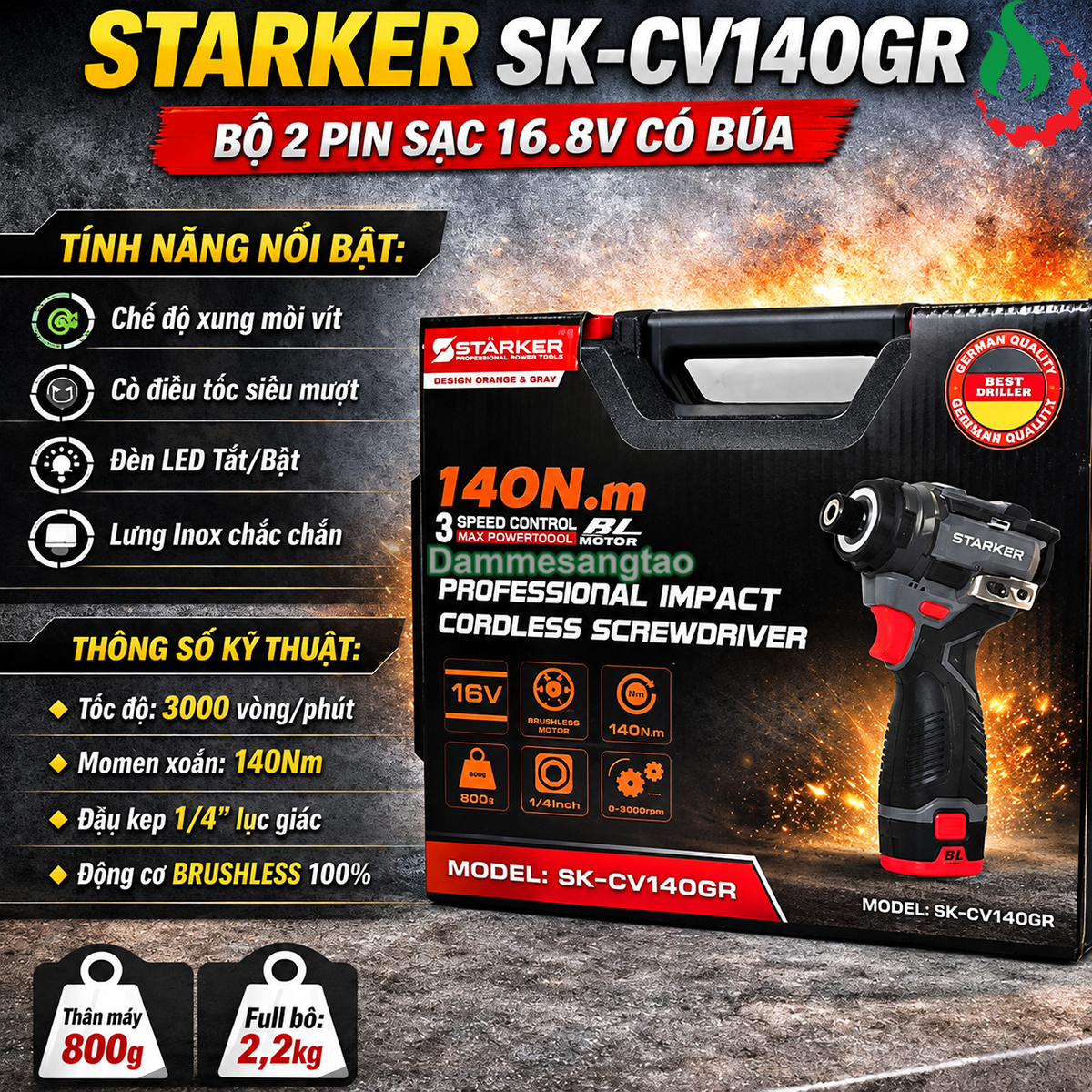 Máy bắn vít pin STARKER 16.8V SK-CV140GR 3 tốc độ không chổi than 140N.m