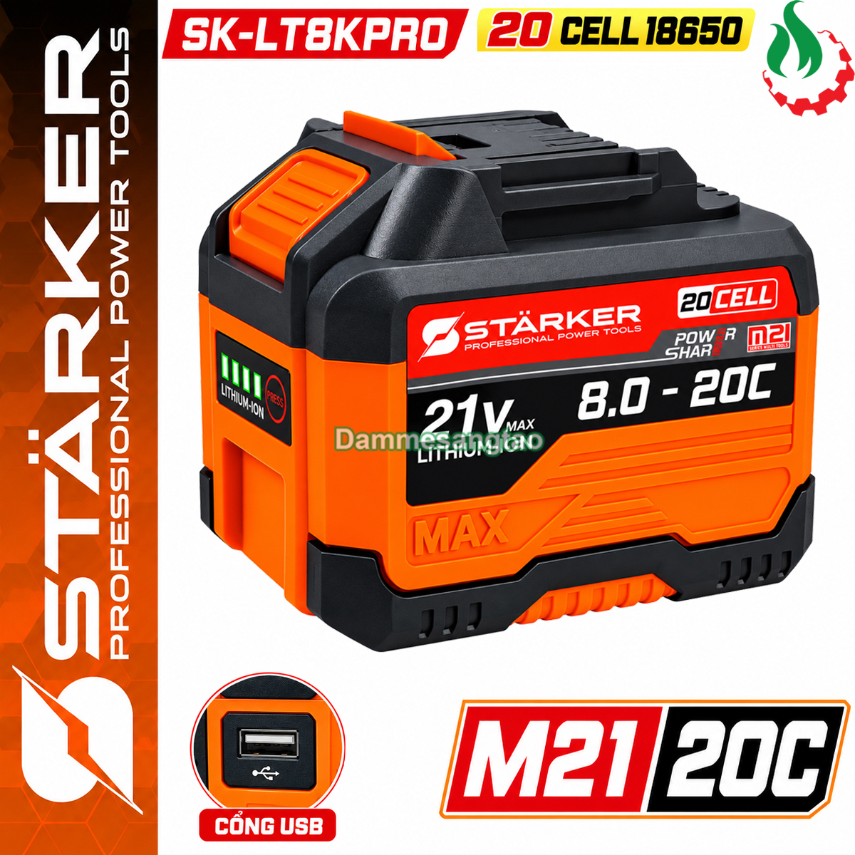 Pin sạc STARKER 21V SK-LT8KPRO 20 Cell 18650 có cổng USB