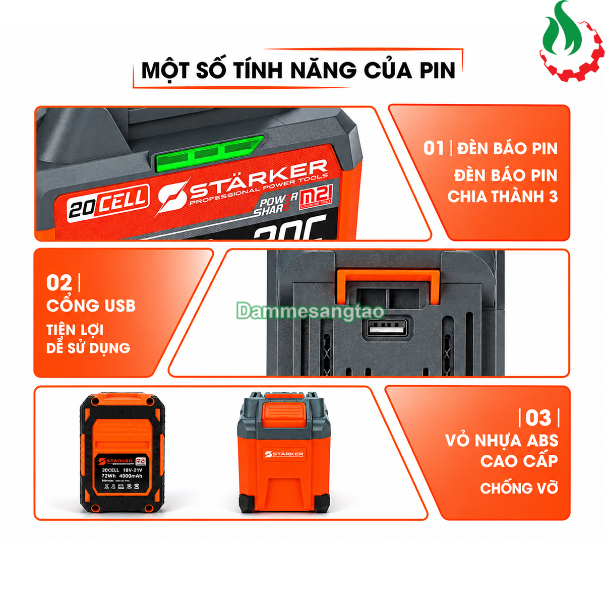 Tính năng pin STARKER SK-LT8KPRO 21V có đèn báo pin và cổng USB