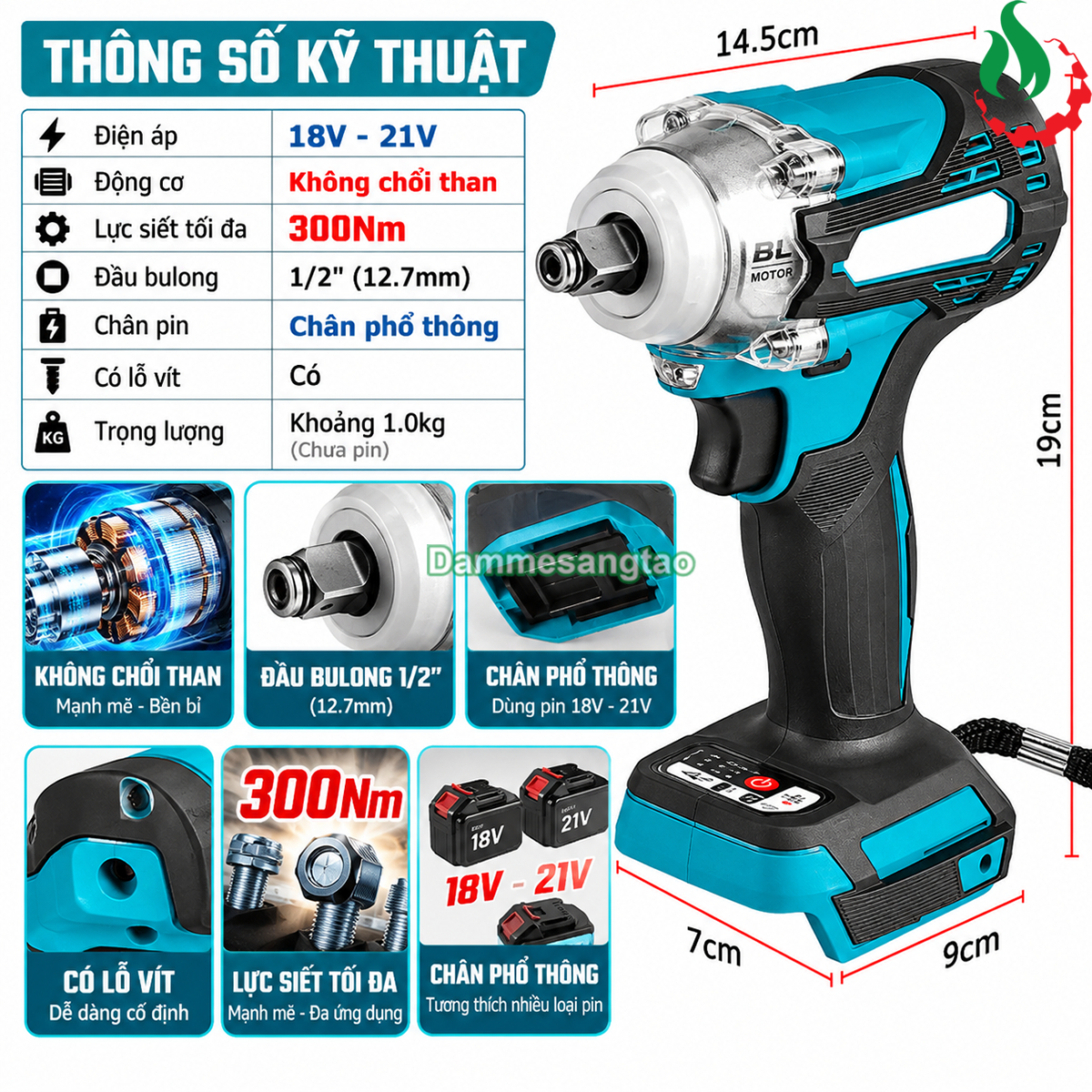 Máy siết BULONG pin 18V BLM3-M18300BL không chổi than 300N.m chân phổ thông