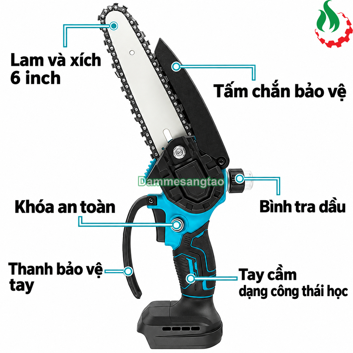 Cưa xích pin 18V CXM1-M186I có chổi than có bơm dầu lưỡi 6inch chân phổ thông