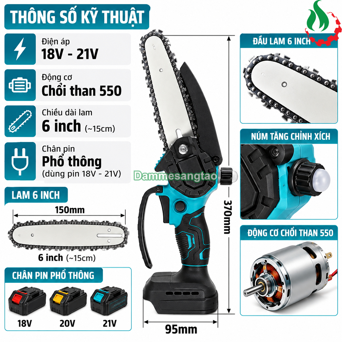 Cưa xích pin 18V CXM1-M186I có chổi than có bơm dầu lưỡi 6inch chân phổ thông