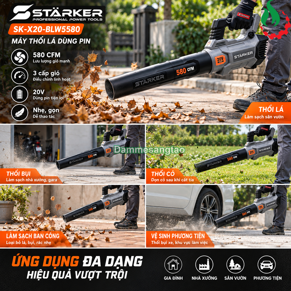 Ứng dụng máy thổi lá pin STARKER 21V SK-X20-BLW5580 580CFM thổi lá và vệ sinh sân vườn
