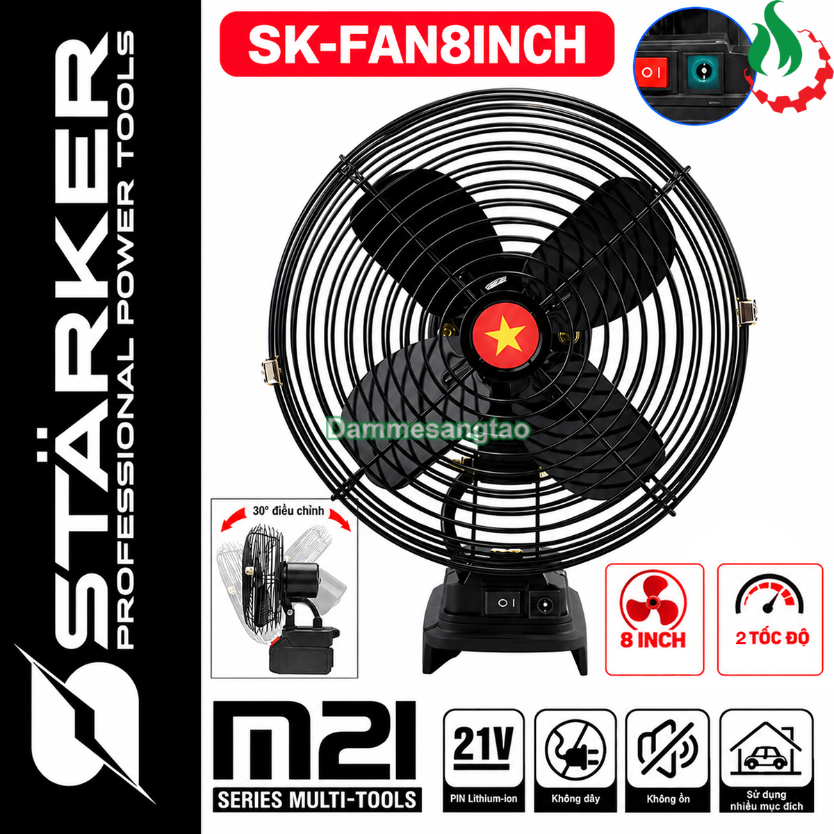 Quạt dùng pin STARKER 21V SK-FAN8INCH 2 tốc độ chân pin phổ thông M21