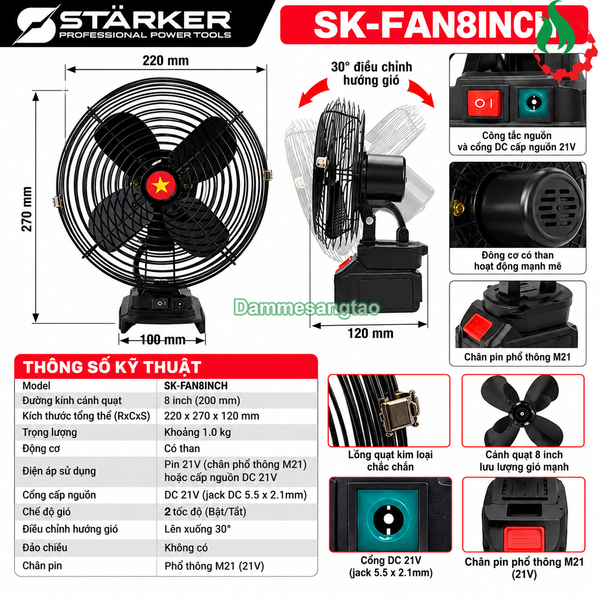 Quạt dùng pin STARKER 21V SK-FAN8INCH thông số kỹ thuật, 2 tốc độ, cổng DC cấp nguồn