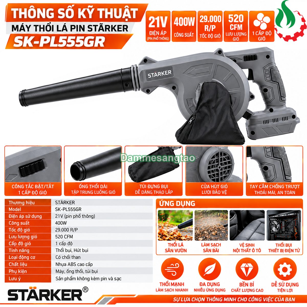 Thông số kỹ thuật máy thổi bụi pin STARKER 21V SK-PL555GR