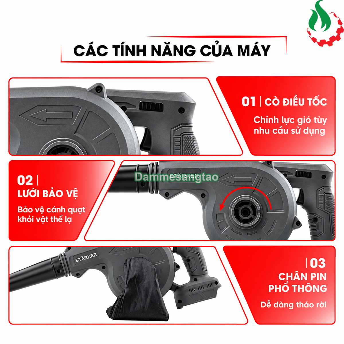 Tính năng máy thổi bụi pin STARKER 21V SK-PL555GR cò điều tốc và lưới bảo vệ