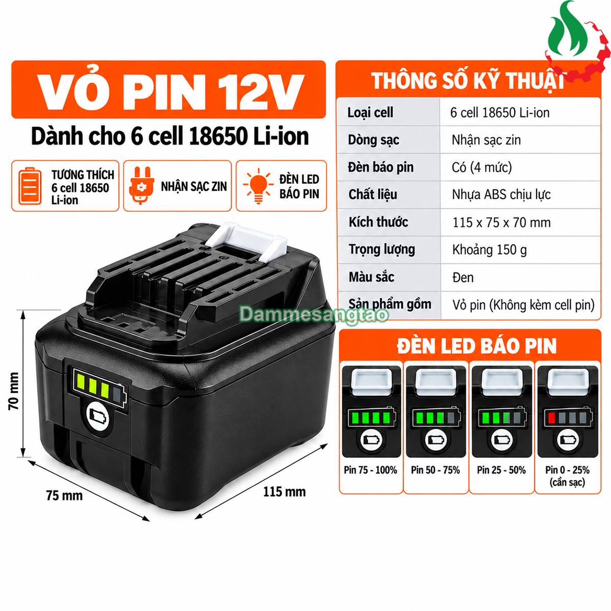 Vỏ pin MAKITA 12V MAX 18650 (6cell) Li-ion nhận sạc zin (VM12186IZ)