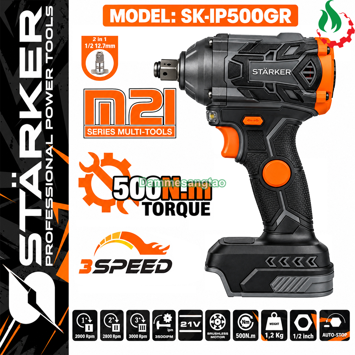 Máy siết bulong STARKER SK-IP500GR 21V lực siết 500N.m không chổi than 3 tốc độ