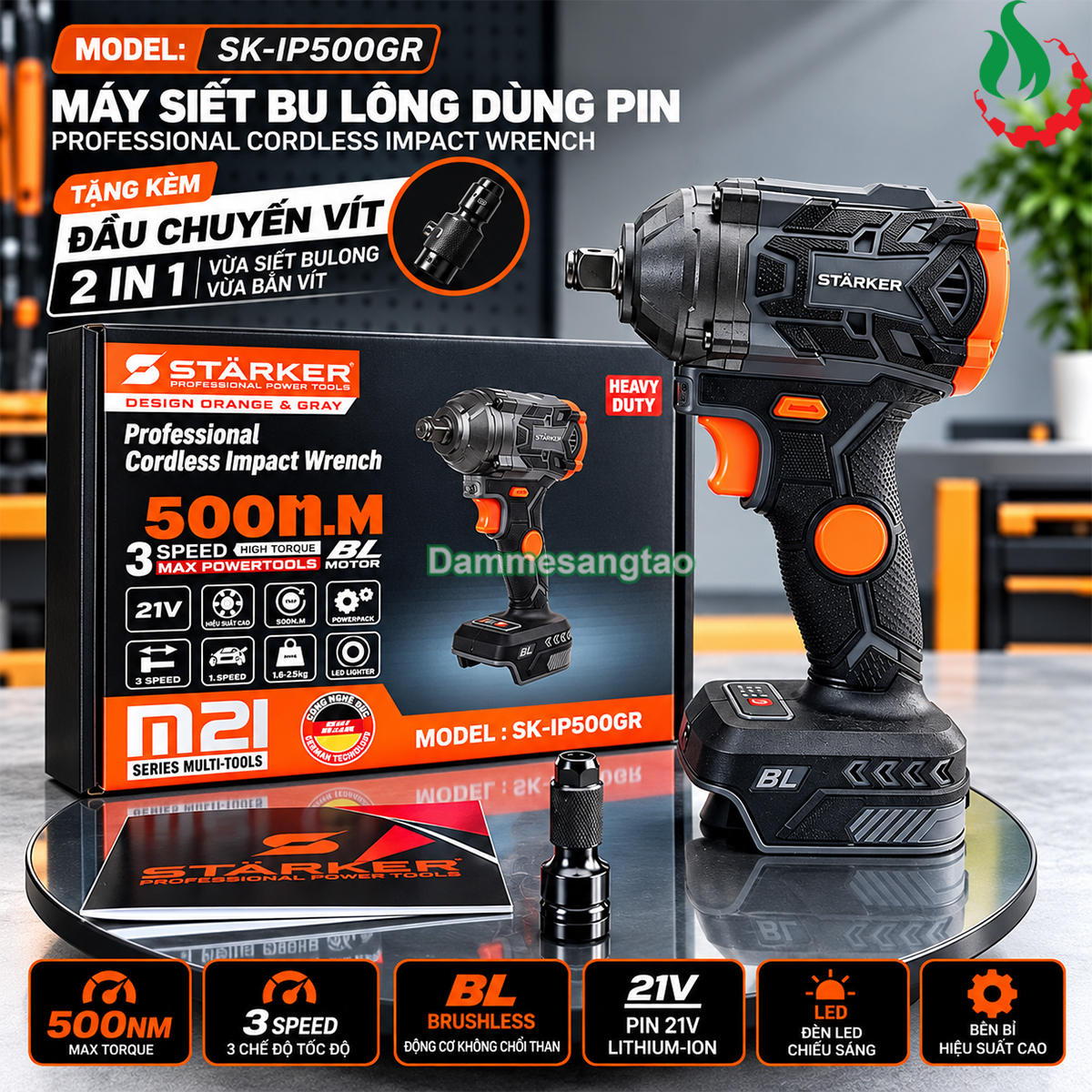 Máy siết bulong STARKER SK-IP500GR 500N.m kèm hộp và đầu chuyển vít 2 trong 1