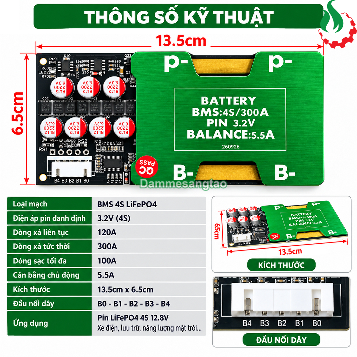Mạch BMS 4S 120A (300A) 12.8V bảo vệ pin sắt LiFePO4 3.2V cân bằng chủ động 5.5A (BMS-Y4S300PC)