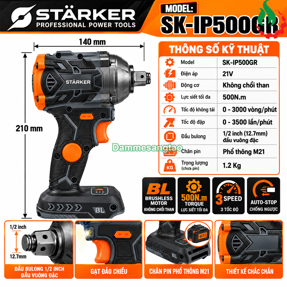 Thông số kỹ thuật máy siết bulong STARKER SK-IP500GR 21V 500N.m đầu vuông 12 inch