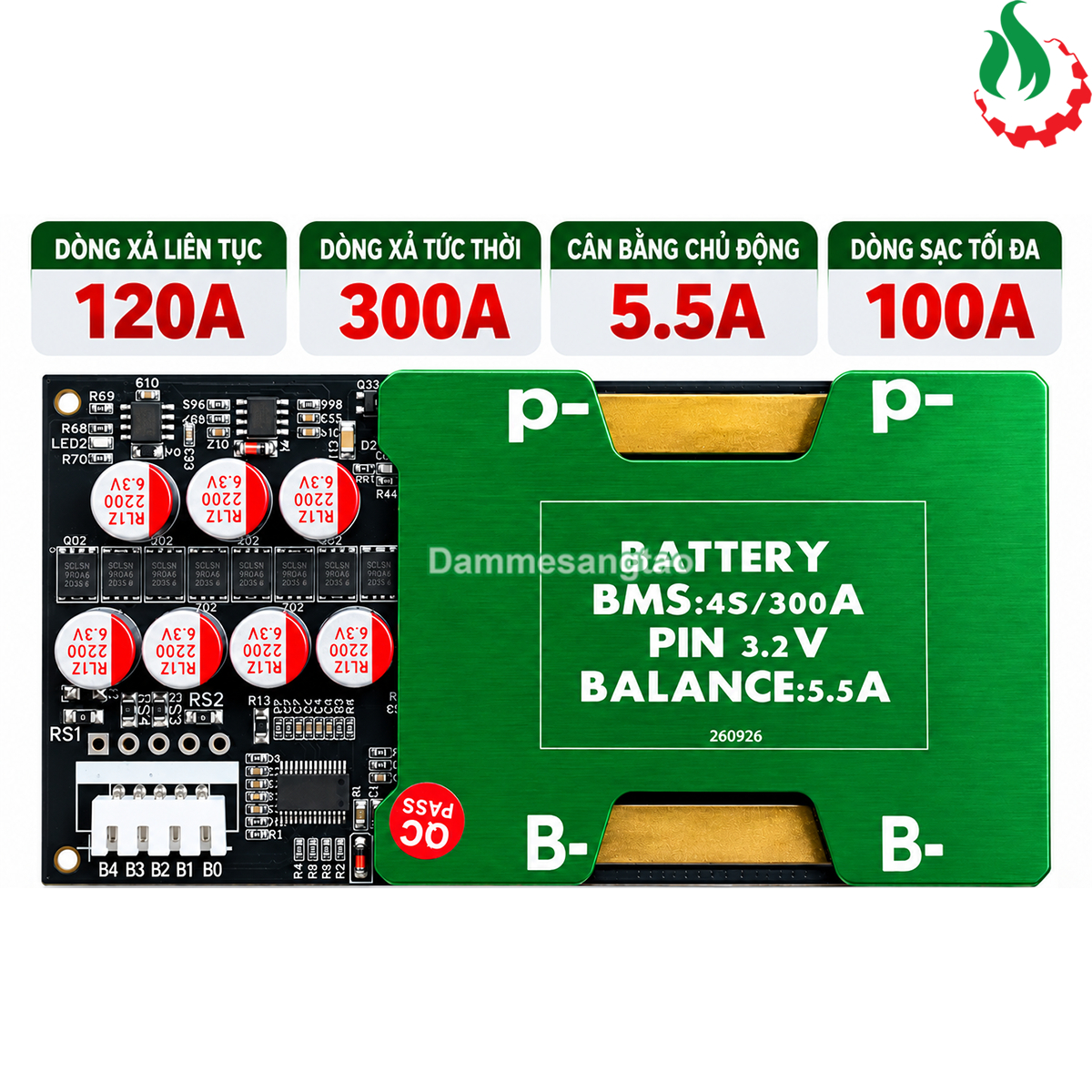 Mạch BMS 4S 120A (300A) 12.8V bảo vệ pin sắt LiFePO4 3.2V cân bằng chủ động 5.5A (BMS-Y4S300PC)