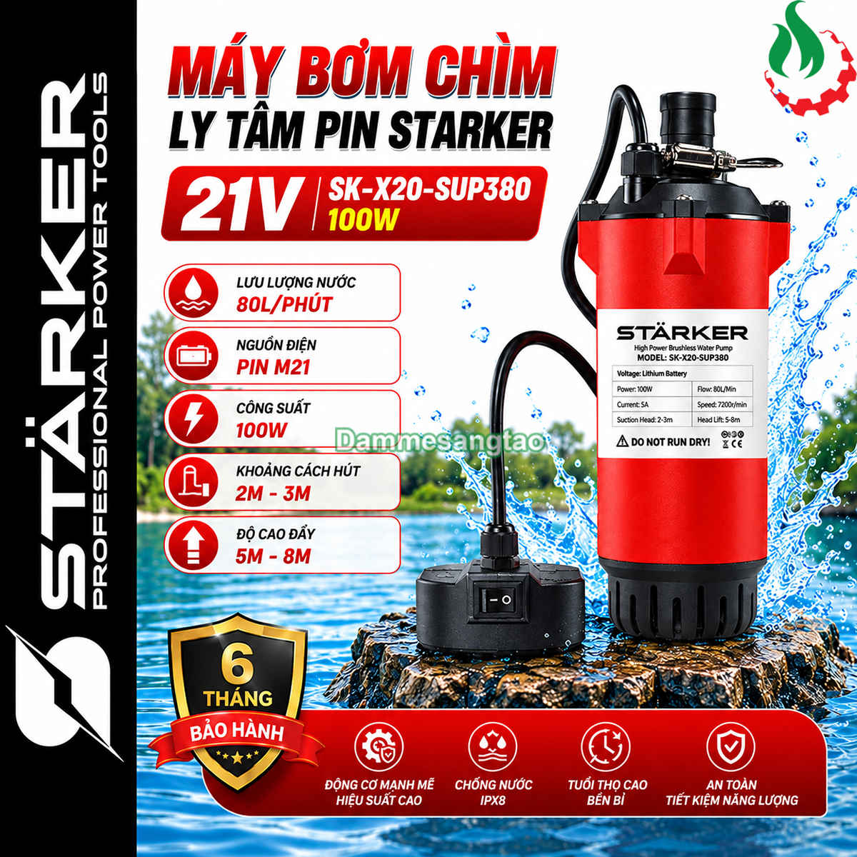 Máy bơm chìm pin STARKER SK-X20-SUP380 21V công suất 100W lưu lượng 80 lítphút