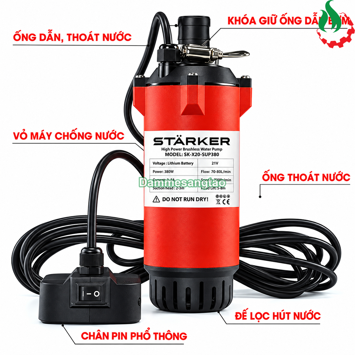 Cấu tạo máy bơm chìm STARKER SK-X20-SUP380 gồm đầu ra nước lưới lọc công tắc và chân pin phổ thông