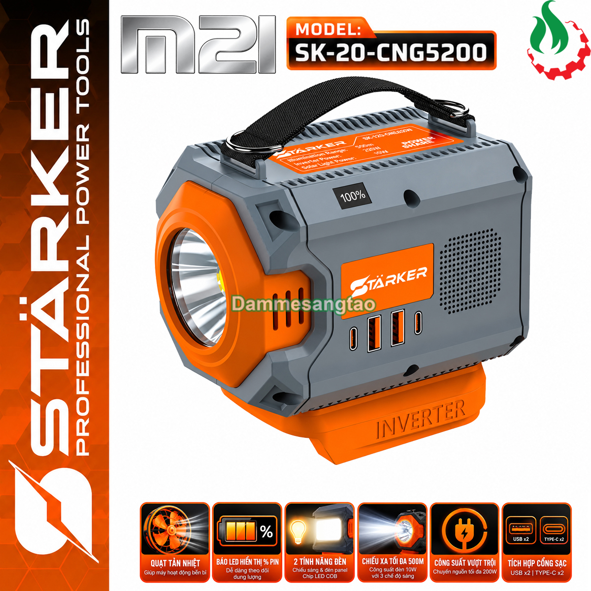 Đế chuyển pin STARKER 21V SK-20-CNG5200 sang điện 220V công suất 200W