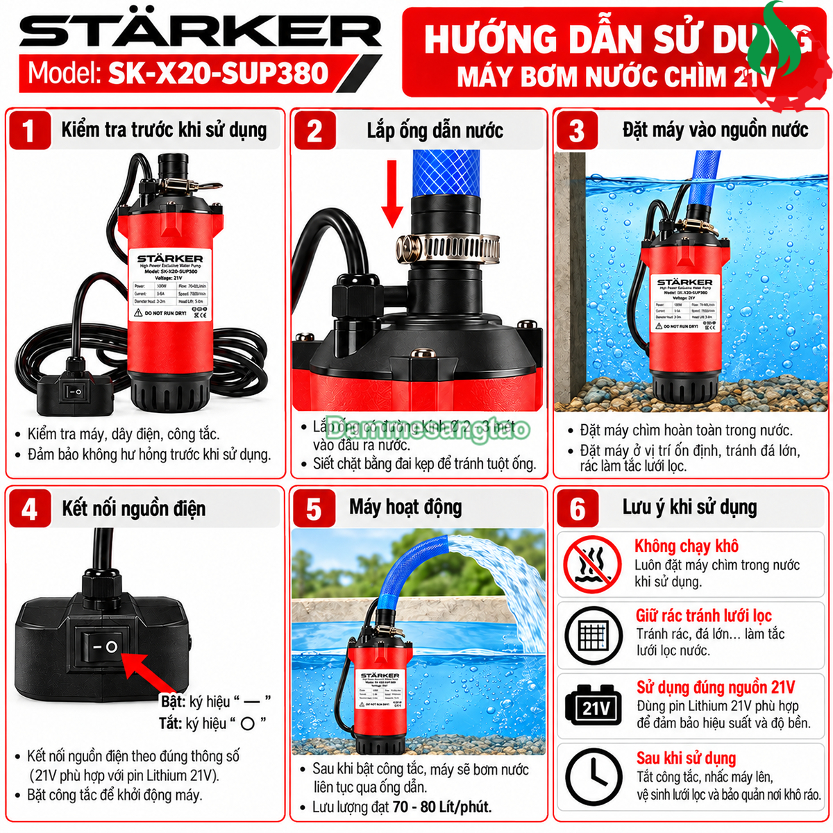 Hướng dẫn sử dụng máy bơm chìm pin STARKER SK-X20-SUP380 21V từ lắp ống đến vận hành
