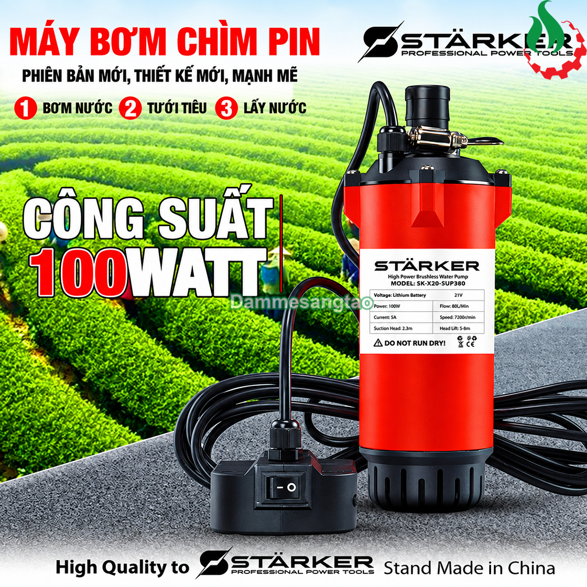 Máy bơm chìm ly tâm pin STARKER 21V SK-X20-SUP380 100W áp lực cao lưu lượng 80 lítphút