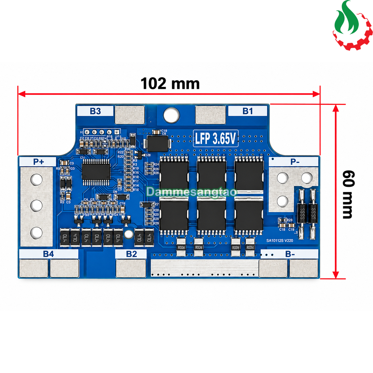 Kích thước mạch BMS 4S 50A LiFePO4 102 x 60 mm